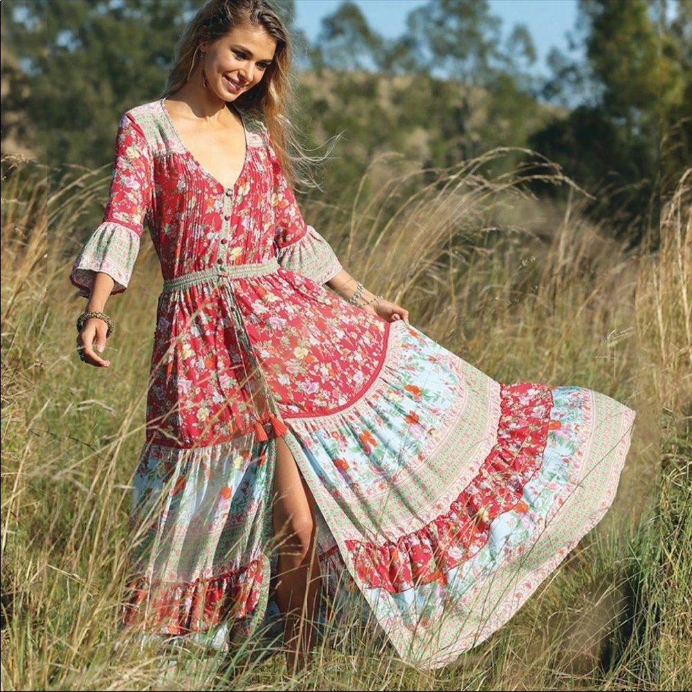 Red V Neck Boho Floral Gypsy Print Maxi Dress - Picture 1 of 16